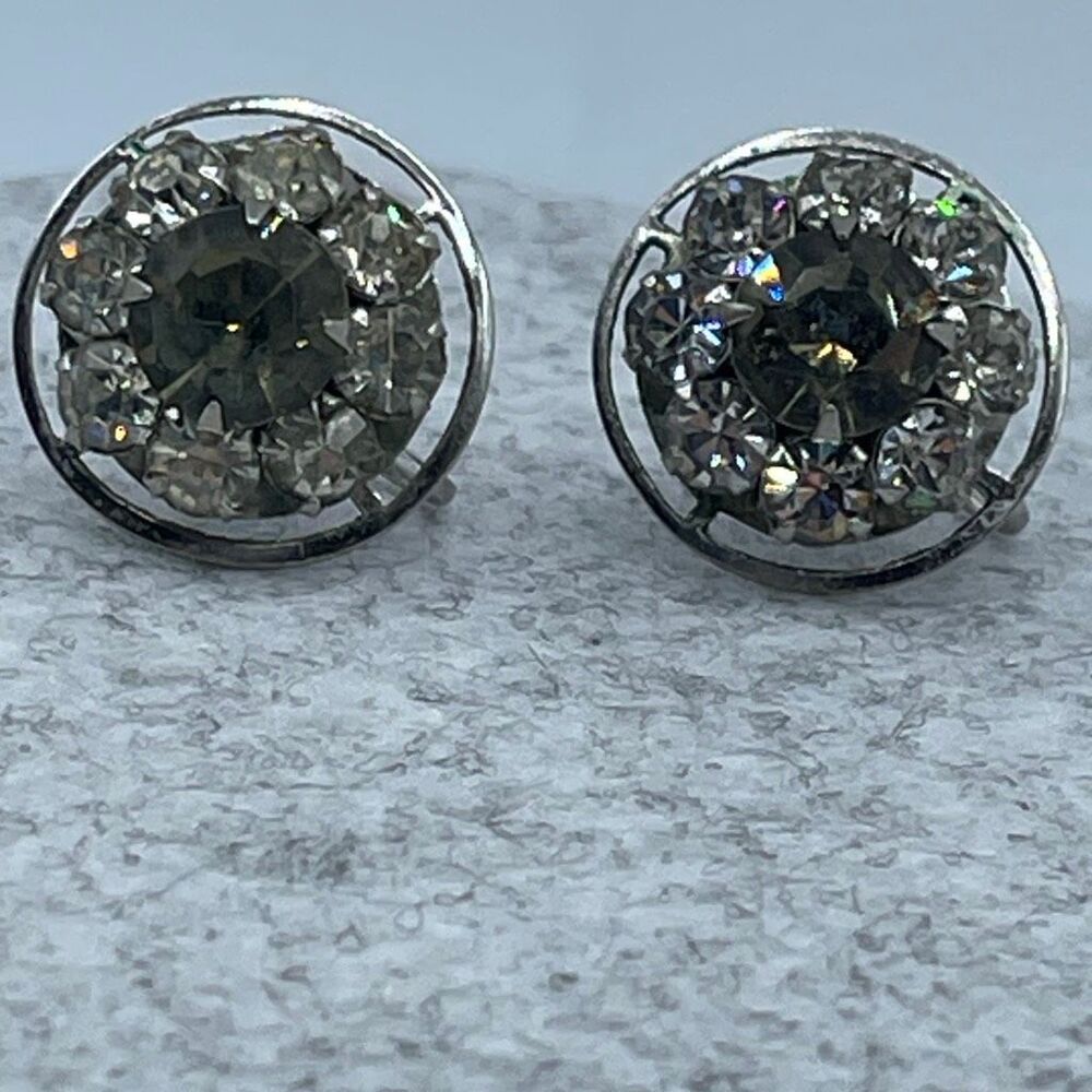 Vintage screwback Smokey topaz cut glass clear rhinestone earrings.